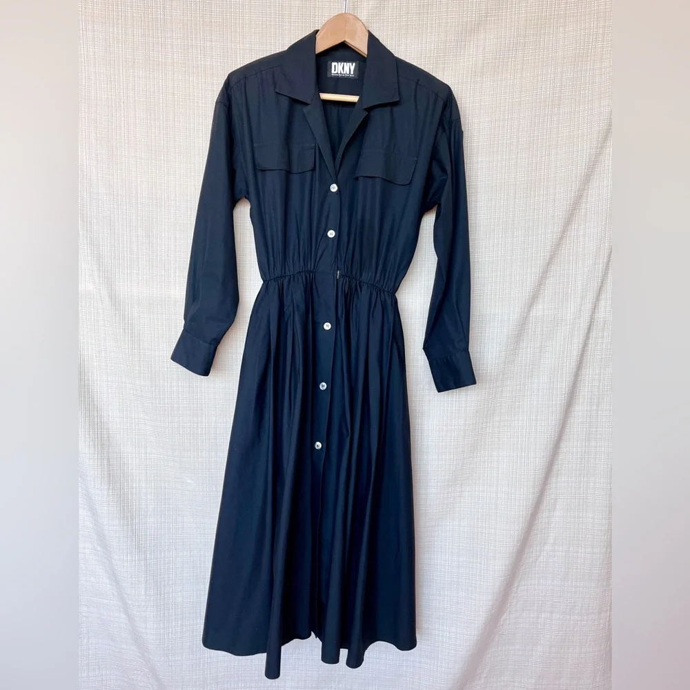 Vintage DKNY Shirt Dress Cotton Poplin Pockets Shirtwaist Dress Minimalist Rare - Picture 6 of 14